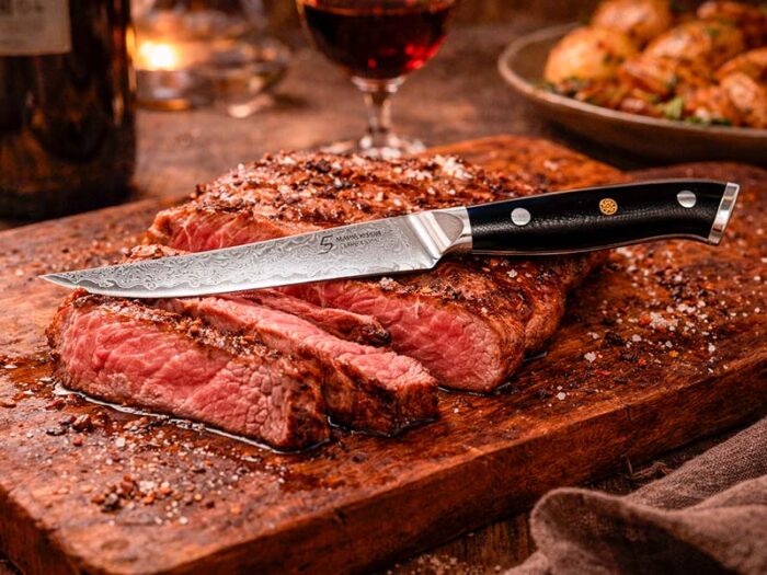 Shinto Steakknive Fūjin i 67 lag Damaskusstål, designet til at give en uovertruffen skæreevne og stilfuldt design til hver bøf.