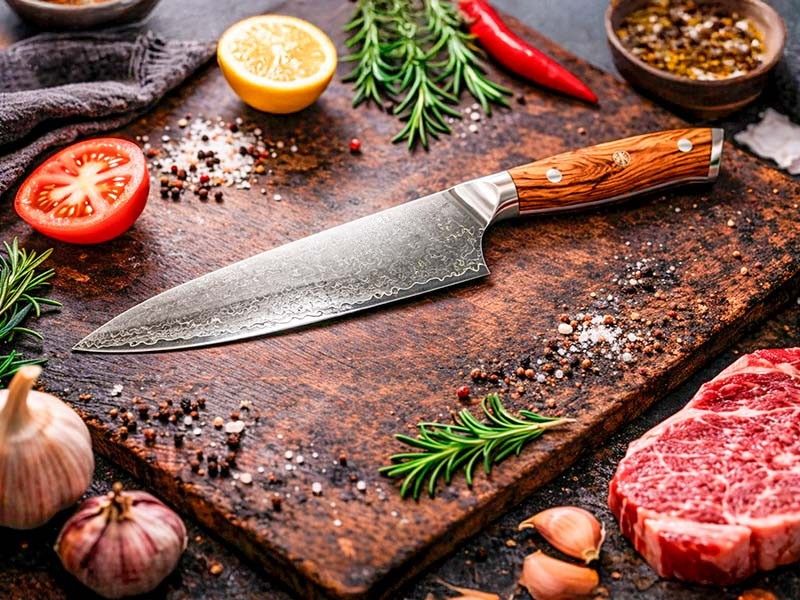 Kami Kokkekniv i damaskusstål med oliventræshåndtag – japansk præcision og elegant design