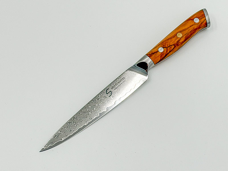 Utilitykniv med oliventræshåndtag og 67 lag damaskusstål, japansk inspireret køkkenkniv til præcise snit