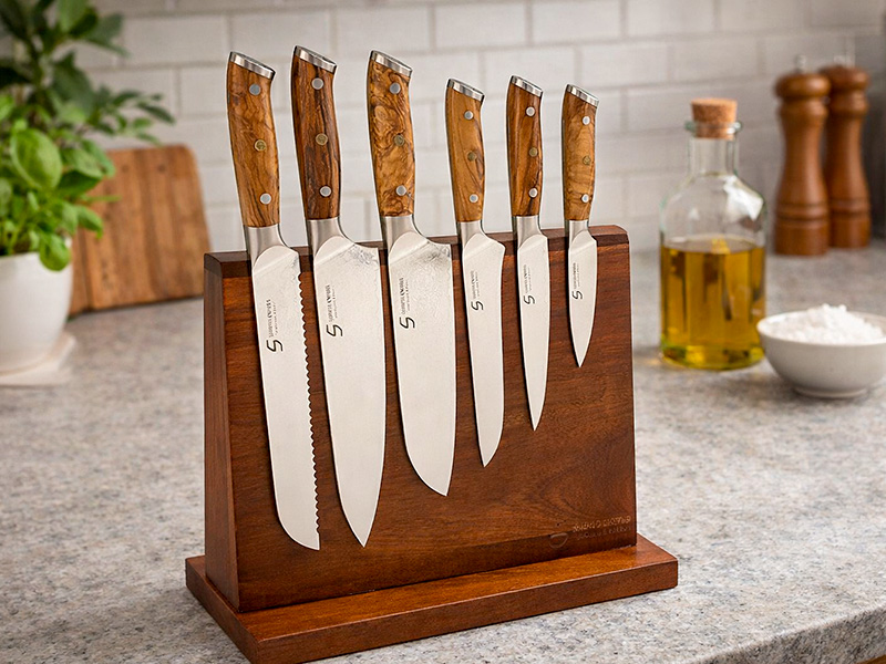 Magnetisk knivblok i karboniseret træ med dobbeltsidet magnet