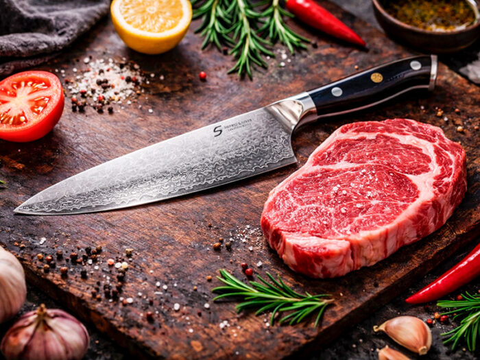 Shinto kokkekniv i 67 lag Damaskus stål skarp, balanceret og japansk inspireret.