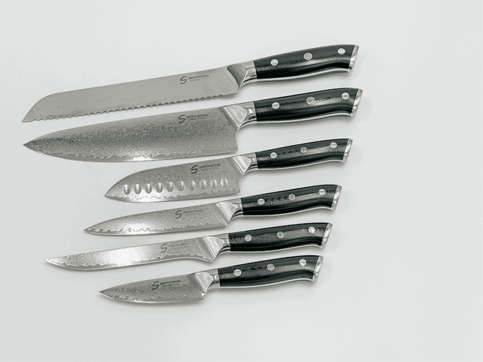 Shinto Knivsæt med 6 dele i Damaskus stål – japansk præcision og elegant design til hele køkkenet