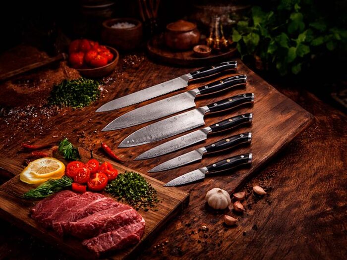 6 dele i Damaskus stål japansk præcision og elegant design til hele køkkenet