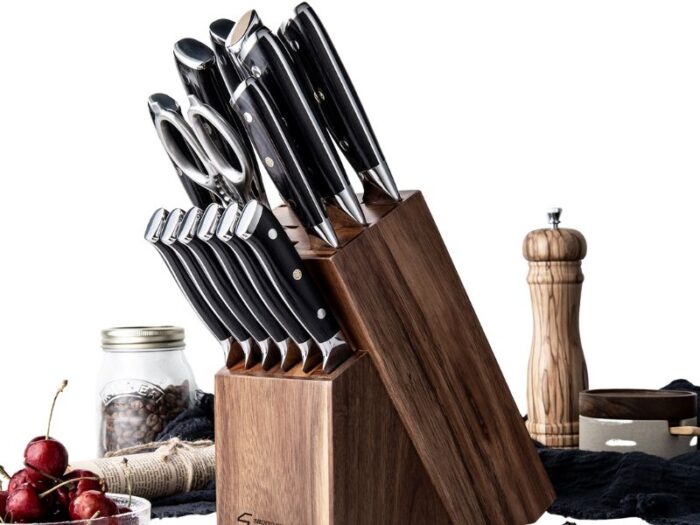 Knivblok i bæredygtigt gummitræ – Eksklusiv knivholder til 14 knive | Shinto Knives