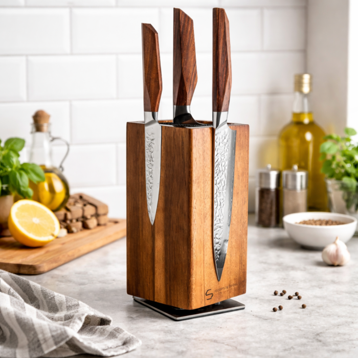 Magnetisk knivholder i akacietræ med 360° rotation og plads til op til 14 knive