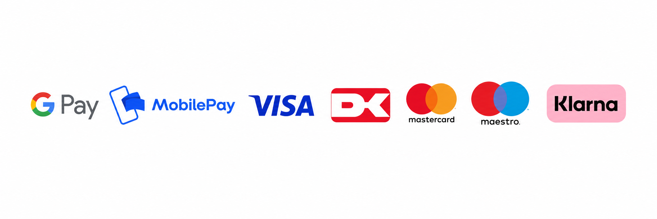 Betalingsmetoder: Google Pay, MobilePay, Visa, Dankort, Mastercard, Maestro og Klarna
